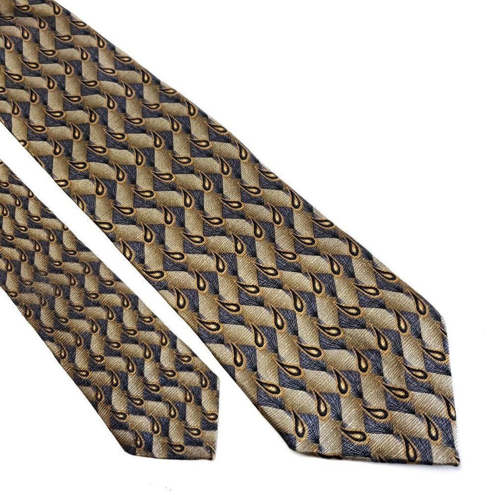 JZ Richards Tan Gray Paisley Geometric Print Silk Tie